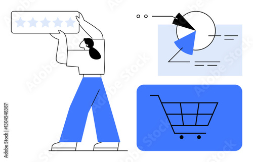 Person holding a five-star rating board, pie chart with analytics, and a shopping cart for e-commerce. Ideal for customer satisfaction, online business, analytics, marketing, consumer behavior