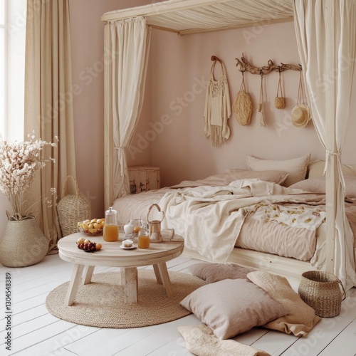 Serene bohemian bedroom with four-poster bed, natural textures, and soft lighting.
