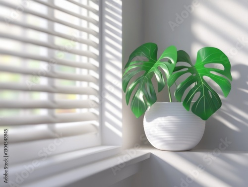 Monstera plant in white ceramic pot on sunlit windowsill modern indoor decor natural light and green foliage  
