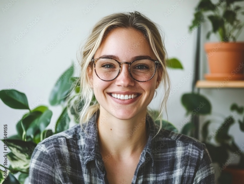 Smiling blonde woman with glasses surrounded by houseplants enjoying nature home gardening and cozy indoor decor
Smiling blonde woman with glasses surrounded by houseplants enjoying nature home gardening and cozy indoor decor
