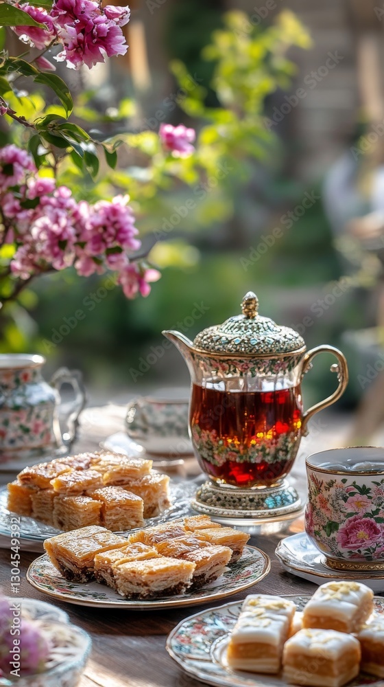 Fototapeta premium A table for celebrating Nowruz, a traditional teapot filled with Persian tea, sweets on decorative plates, fresh flowers