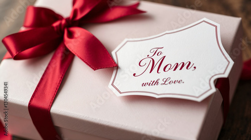 Gift with red ribbon and greeting card To Mom, with Love