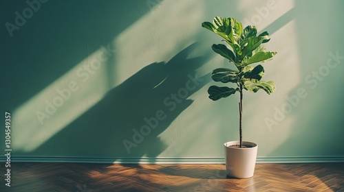 Fiddle leaf fig in white pot against green wall with shadows modern interior plant decor and minimalist home styling  
