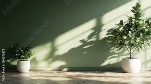 Minimalist room with green wall and potted plants in sunlight modern interior decor natural design and relaxing ambiance  
