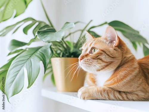 Orange Tabby Cat Relaxing Near Monstera Houseplant on White Shelf
