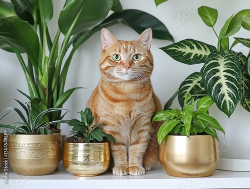 Orange tabby cat sitting among houseplants with gold pots indoor pet-friendly decor and cozy home aesthetic  

