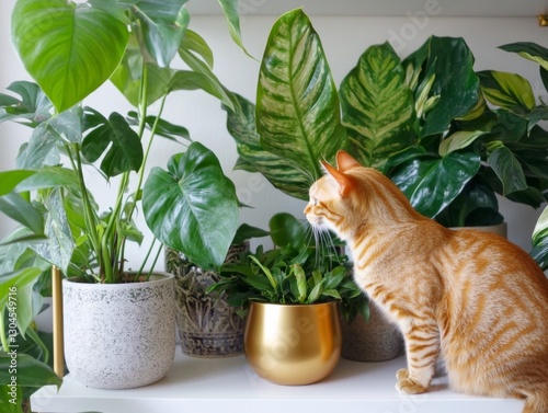 Orange Tabby Cat Sitting Among Lush Houseplants on a White Shelf
