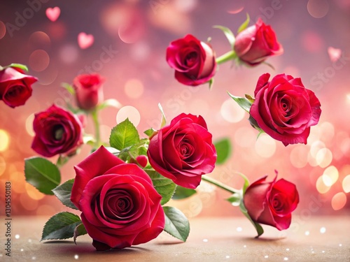 Falling Red Roses on Pink Background - Bokeh Effect Stock Photo
