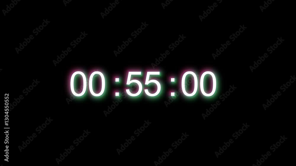 A glowing neon digital timer counts down against a dark background. Futuristic design with smooth animation, ideal for countdowns, sports, or event visuals.