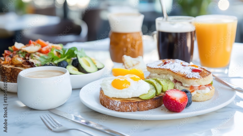 Breakfast with avocado toast on a stylish table. 