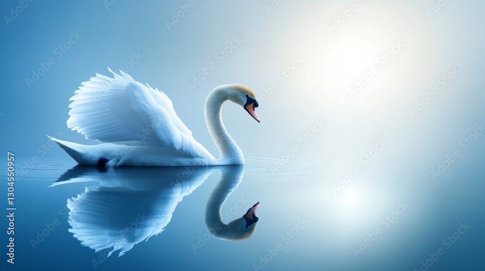Fototapeta premium Majestic swan on calm blue waters, perfect water reflections, golden sunlight highlights, serene lake landscape, nature wildlife photography, pristine wilderness capture
