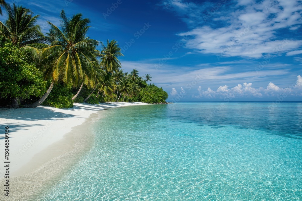 Naklejka premium Tropical beach escape featuring soft sand, azure waves, and vibrant palm foliage perfect for travel enthusiasts and vacation dreamers seeking serene getaways