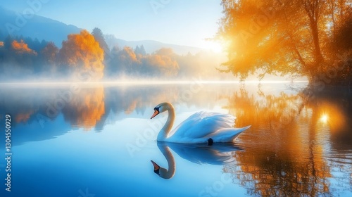 Fototapeta Naklejka Na Ścianę i Meble -  Majestic swan on calm blue waters, perfect water reflections, golden sunlight highlights, serene lake landscape, nature wildlife photography, pristine wilderness capture