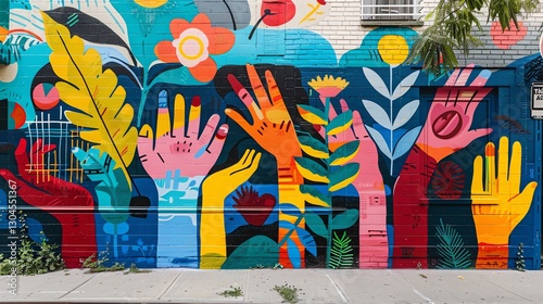 A colorful mural on a brick wall, featuring multiple hands and stylized plants.