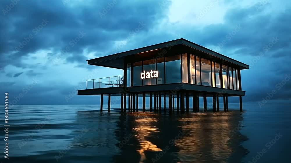 A minimalist house standing on stilts over water, the word data illuminated across the exterior, representing the seamless blending of raw data lakes and structured data warehous A minimalist house standing on stilts over water, the word data illuminated across the exterior, representing the seamless blending of raw data lakes and structured data warehous