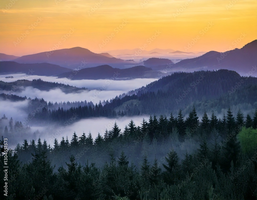 Obraz premium Misty Mountains at Dawn Capture a Peaceful and Ethereal Atmosphere Generated image