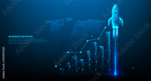Startup business success, finance goal achievement, marketing strategy and technology growth concept background with digital poly wireframe infographic chart, map and rocket launch in futuristic style