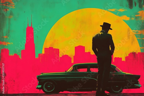 In the foreground of this contemporary art collage, an Italian mafia gangster is seen near a retro car, with the background being a cityscape of an American city, offered as stock