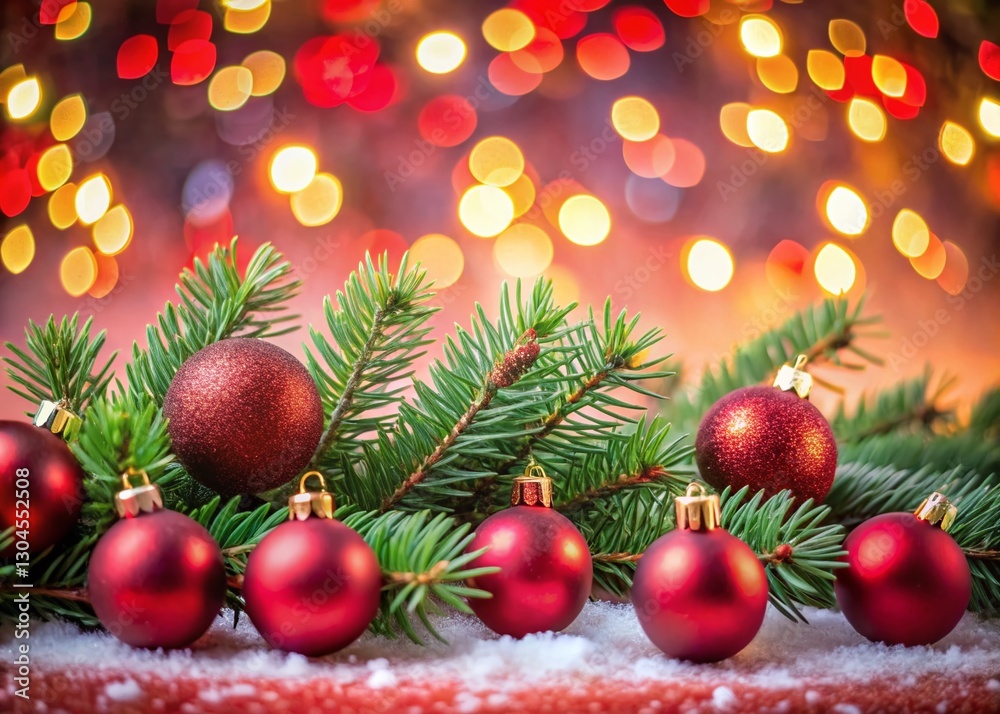 Obraz premium Festive Fir Branches & Christmas Ornaments on Red Glitter Background