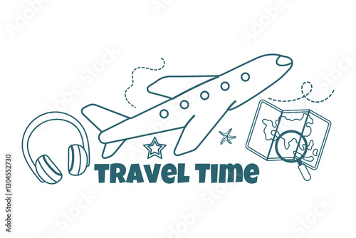 Travel outline background with elements airplane, map, headphones
