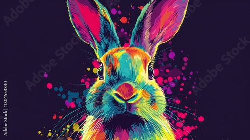 Pop Art Bunny With Vibrant Colors Against A Dark Background. Modern Animal Art.