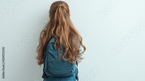 A child with long, cascading hair, adorned in a stylish backpack, their back to the camera, against a clean white backdrop. The backpack, a pop of color, exudes comfort, ready to embark on adventures.