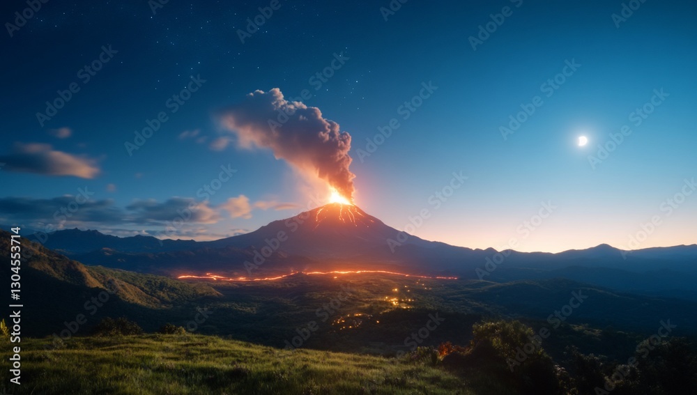 Fototapeta premium Volcano Erupting at Night, Mountain Landscape