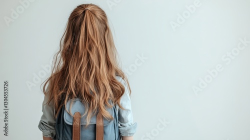 A child with long, cascading hair, adorned in a stylish backpack, their back to the camera, against a clean white backdrop. The backpack, a pop of color, exudes comfort, ready to embark on adventures.