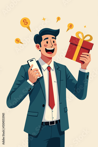 Businessman Rejoices at Winning Gift from Mobile Store, E-commerce Customer Relationships