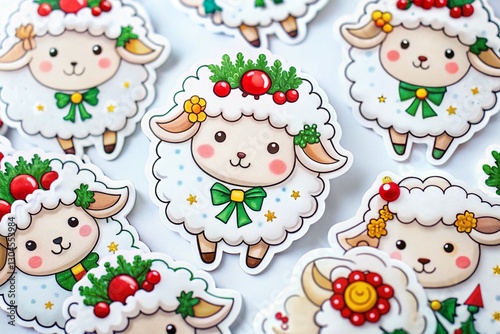 Festive White Sheep Christmas Stickers on White Background - Adorable Holiday Decorations photo