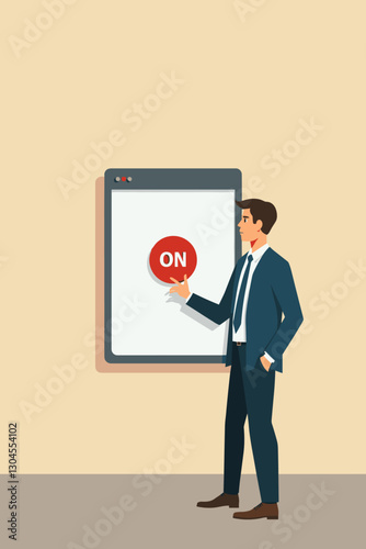 Businessman Switching On Button to Launch New Online Shop or Start-Up Company, Concept of Business Initiation and Entrepreneurship