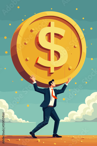 Businessman under a giant dollar coin symbolizing economic crisis, depicting financial pressure and struggle in the corporate environment