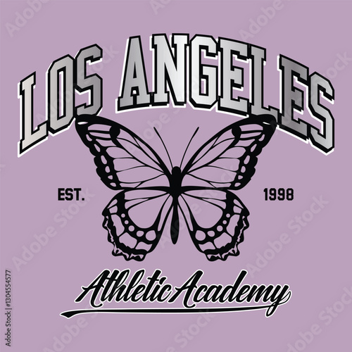 Los Angeles slogan with butterfly hand drawn for t shirt print. Silver foil effect text art typography athletic academy. apparel, poster, print, sticker, etc.