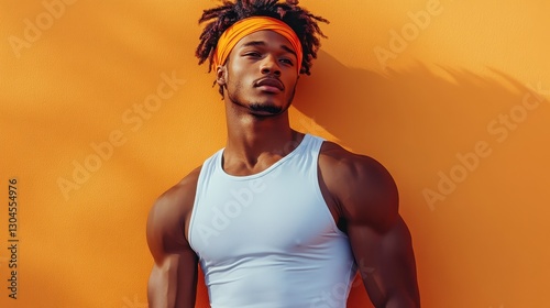 A young man, clad in a pristine white athletic top and a vibrant headband, exudes confidence as he strikes a pose against a clean, neutral backdrop, showcasing the headband is design and versatility