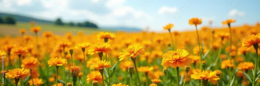 Obraz premium Field of orange marigolds swaying in the wind, wildflowers, yellow