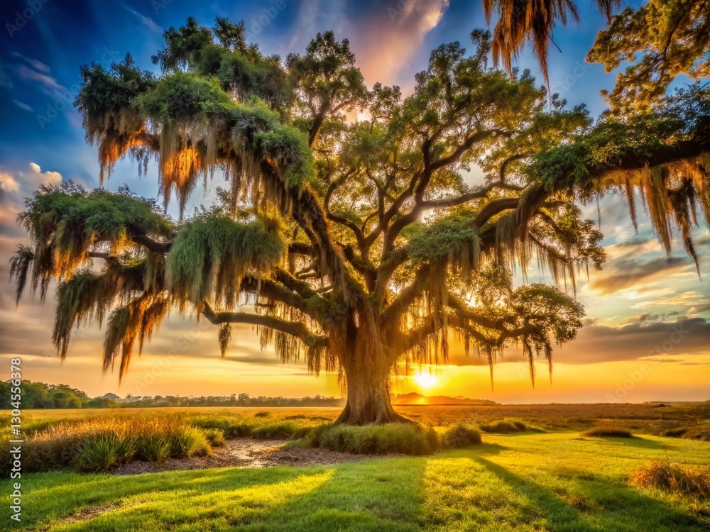 Fototapeta premium Florida Sunrise: Moss Draped Tree, Peaceful Dawn, Nature Photography
