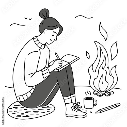 Expedition in the forest: illustration of a female traveler with a notebook by a campfire to record important data