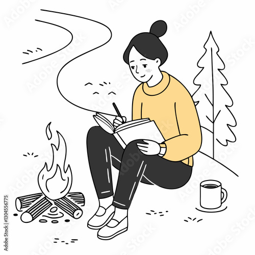 Female explorer in action: vector composition of a scientist documenting in a natural environment
