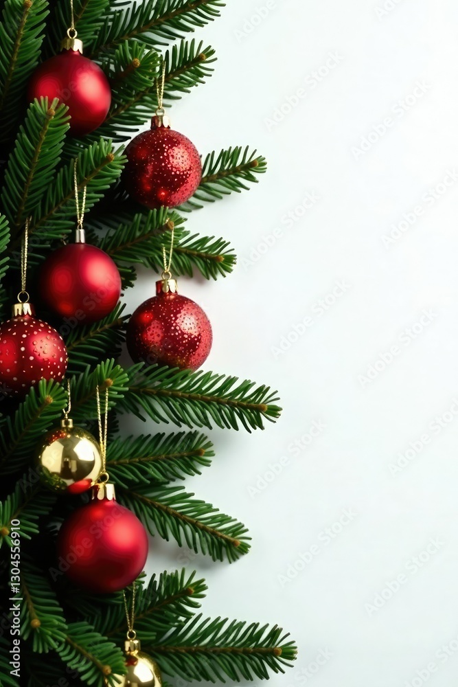 fir branch decorated with red gold ornaments against white backdrop, Xmas season, Xmas decoration fir branch decorated with red gold ornaments against white backdrop, Xmas season, Xmas decoration