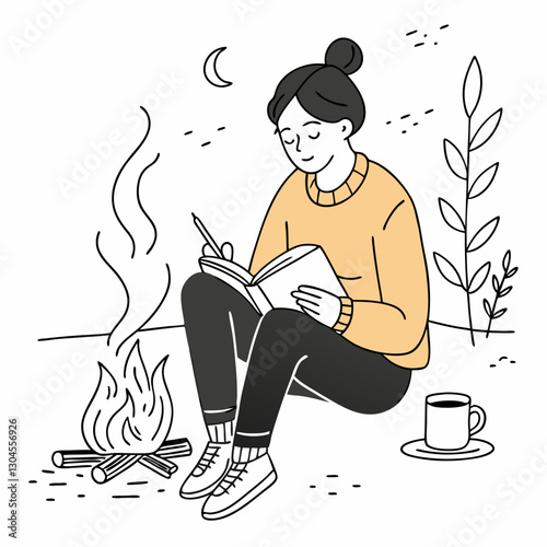 Forest diary: visual composition of a female explorer recording data on flora and fauna by a campfire
