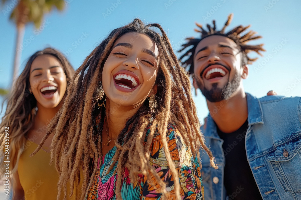 Fototapeta premium three indian friends: a woman with dreadlocks in a colorful top, a man in a denim jacket, and an woman in a black dress, laughing and dancing together