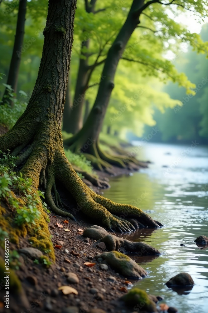 Lichen-covered riverbank with twisted tree roots, scenery, riverbank Lichen-covered riverbank with twisted tree roots, scenery, riverbank