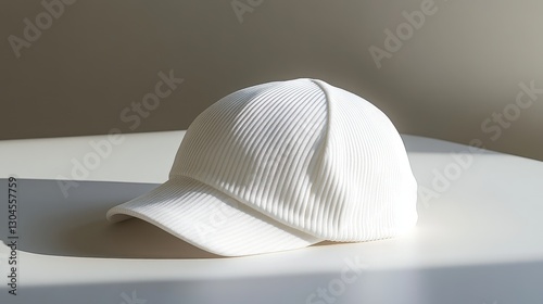 A pristine white swim cap, meticulously crafted from a sleek knit fabric, sits majestically on a minimalist background, its texture and design taking center stage, a testament to quality and style. photo