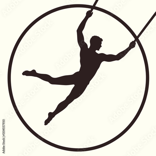 Silhouette of an acrobat performing on ropes within a circular frame on a light background for copy space