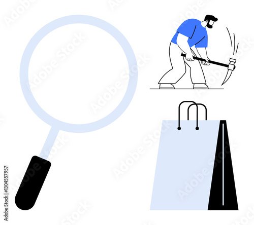Magnifying glass, miner with pickaxe, shopping bag emphasize discovery, hard work, retail. Ideal for analysis, research, mining data, labor value business growth exploration shopping in flat