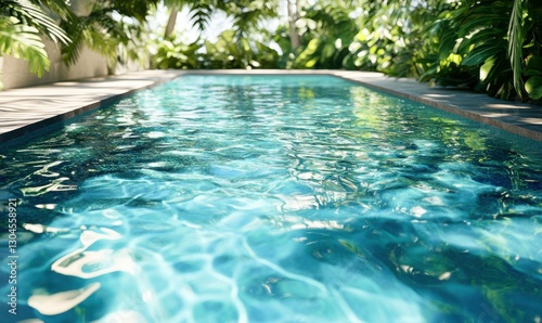 Crystal-clear swimming pool with turquoise waters reflecting surrounding greenery, evoking relaxation and a luxurious tropical escape