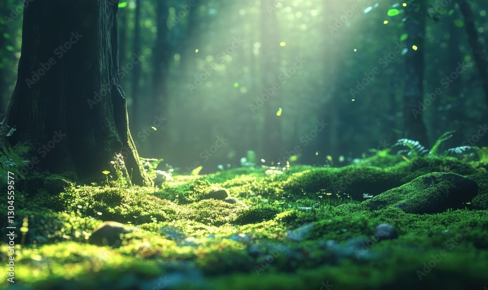 Fototapeta premium Close-up of a lush green moss-covered forest floor illuminated by soft natural light creating a peaceful and vibrant setting .