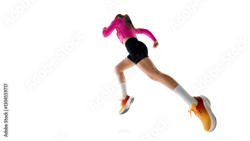 Εκτύπωση καμβά Low angle view of young female runnier in motion, running, showing progress, movement, and athletic ambition against white background