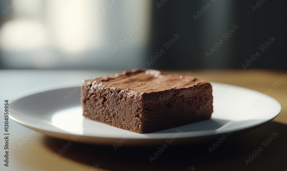 Close-up of a rich chocolate brownie served on a clean white plate, illuminated by natural light with soft shadows for a tempting dessert display Close-up of a rich chocolate brownie served on a clean white plate, illuminated by natural light with soft shadows for a tempting dessert display