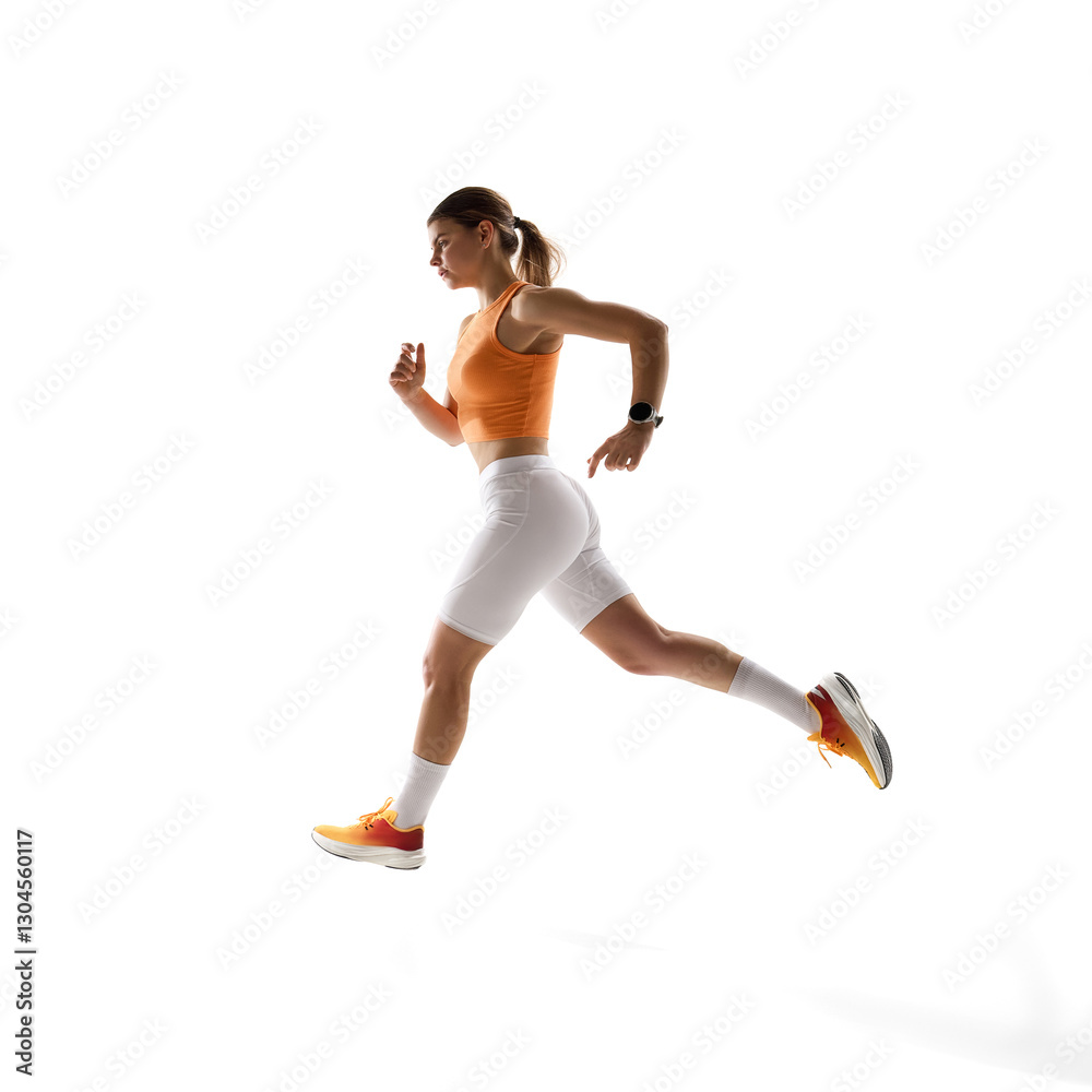Motivated female runner mid-motion, running forward, embodying athletic excellence against white studio background. Concept of athletics, sport, endurance, fitness, healthy lifestyle. Ad Motivated female runner mid-motion, running forward, embodying athletic excellence against white studio background. Concept of athletics, sport, endurance, fitness, healthy lifestyle. Ad